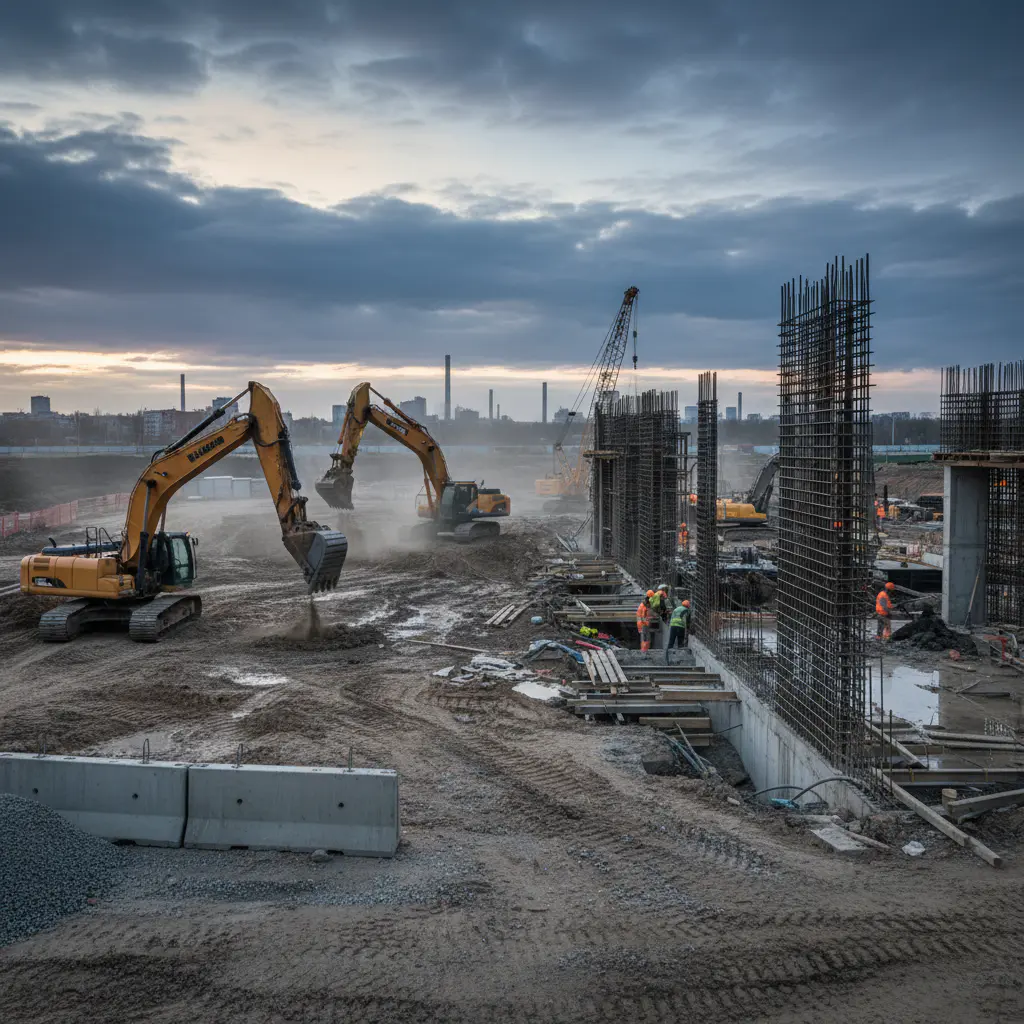 Active construction site with heavy equipment
