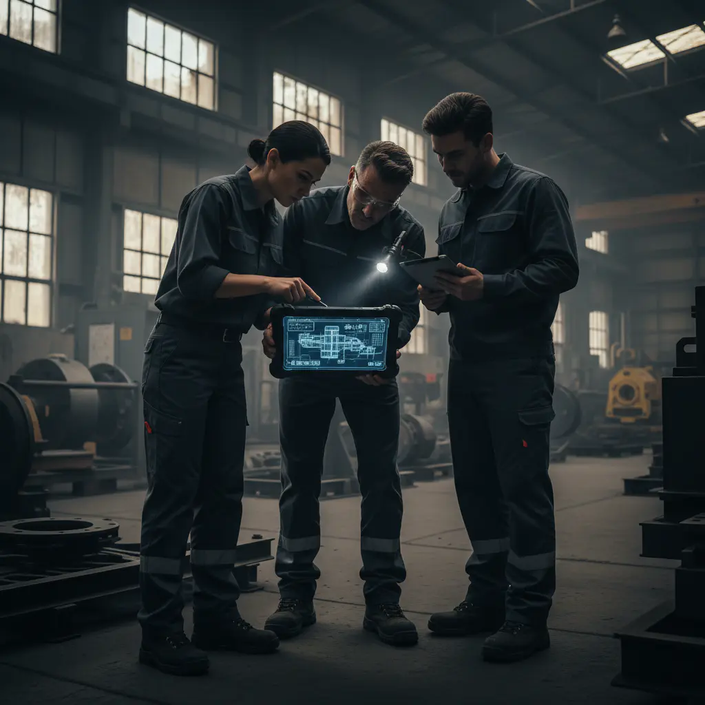 Engineers reviewing digital blueprints on tablet